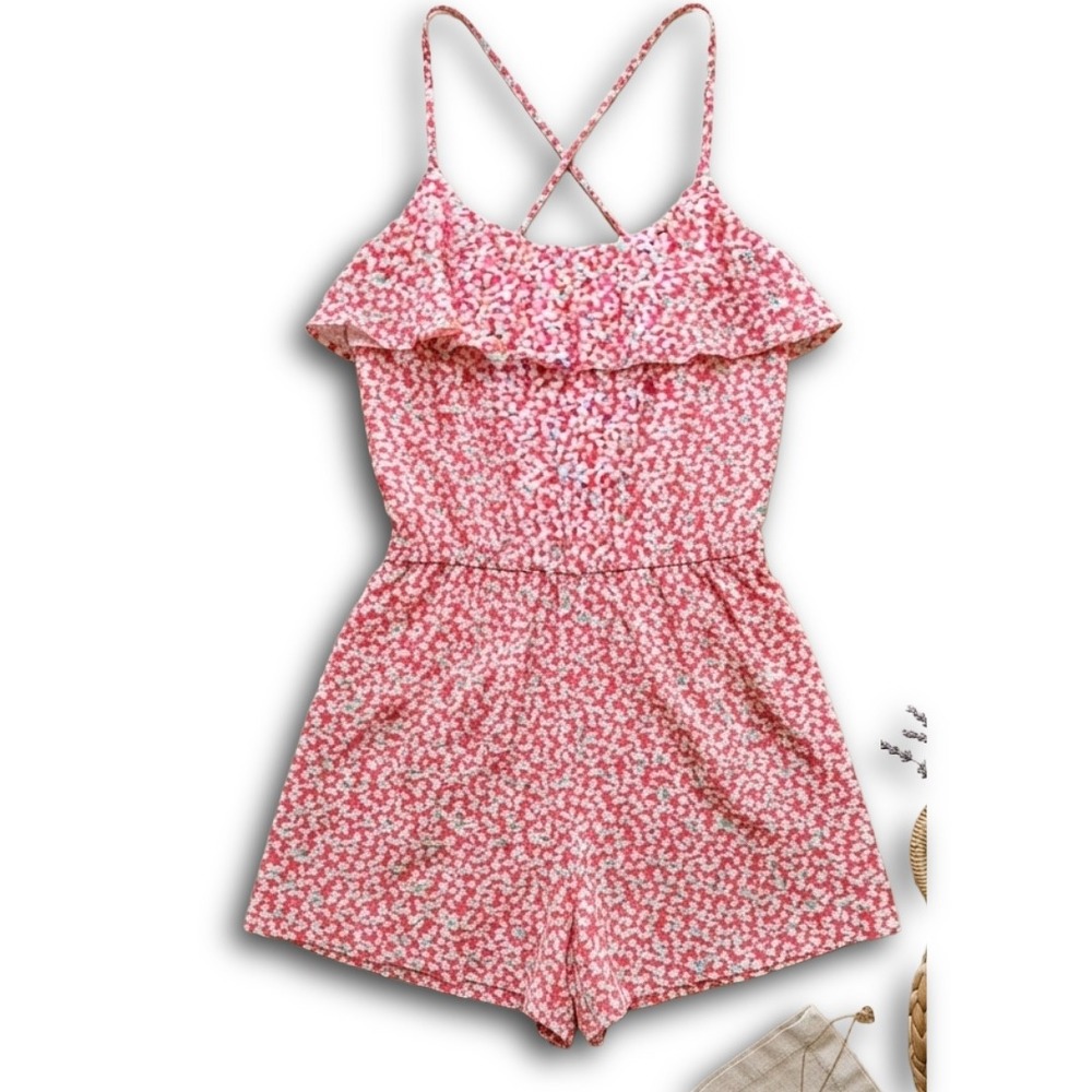 Abercrombie Kids Girls Red Ditsy Floral Ruffle Romper Size Medium M Strappy